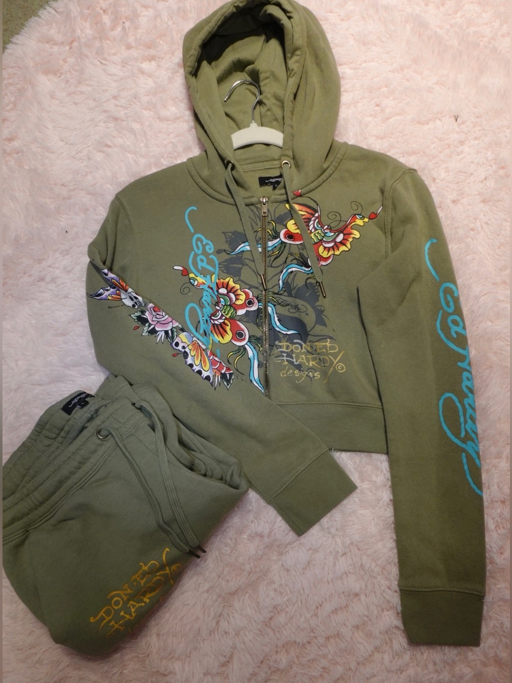 Ed Hardy SET Olive Green Hoodie with Vibrant Tattoo Floral Artwork